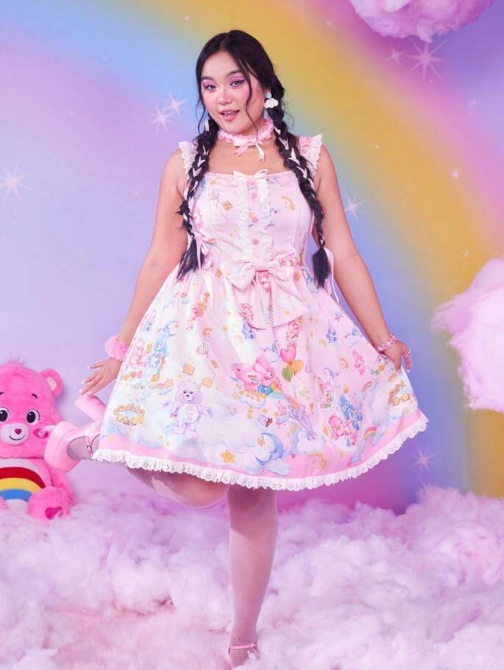 Romwe X Care Bears Cartoon Graphic Lace Trim Bow Dress